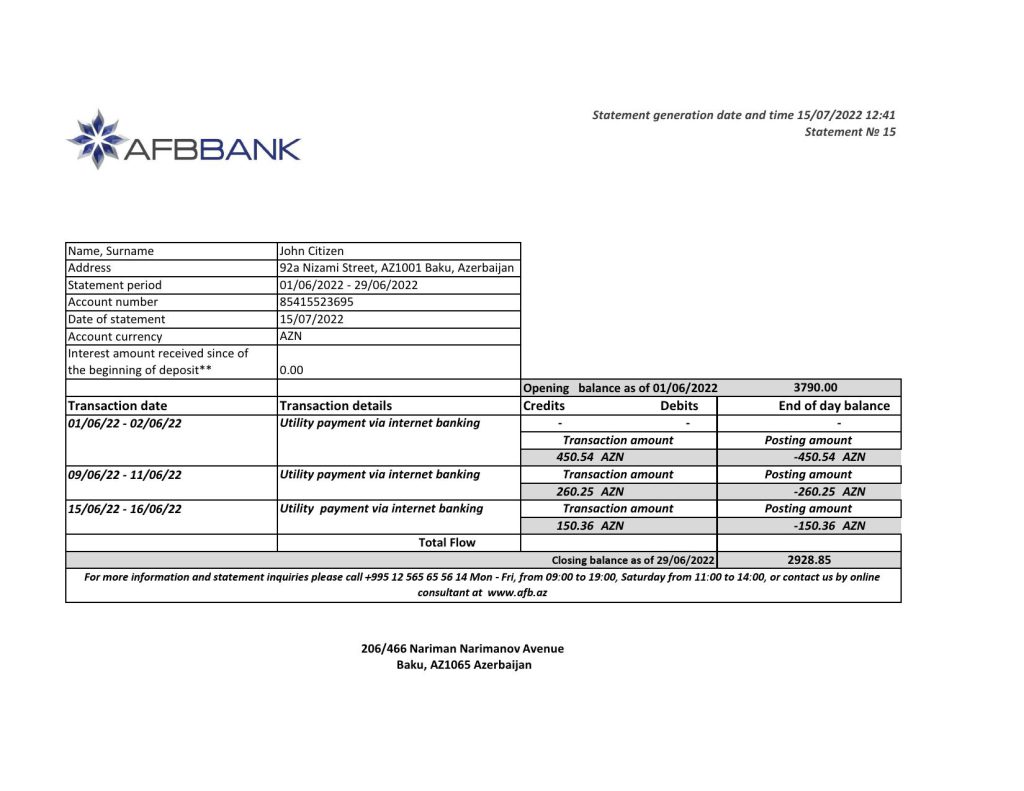 Azerbaijan Afbbank bank statement template in Excel and PDF format