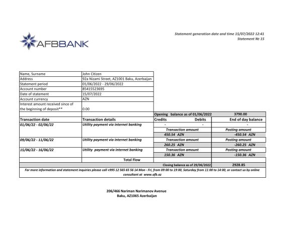 Azerbaijan Afbbank bank statement template in Excel and PDF format 1 600x464 - Cart