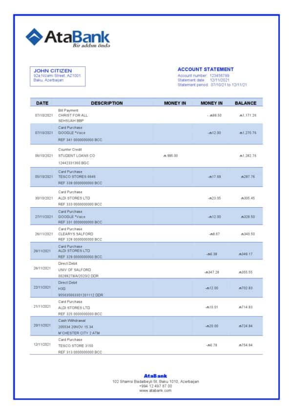 Azerbaijan Atabank bank statement template in Word and PDF format