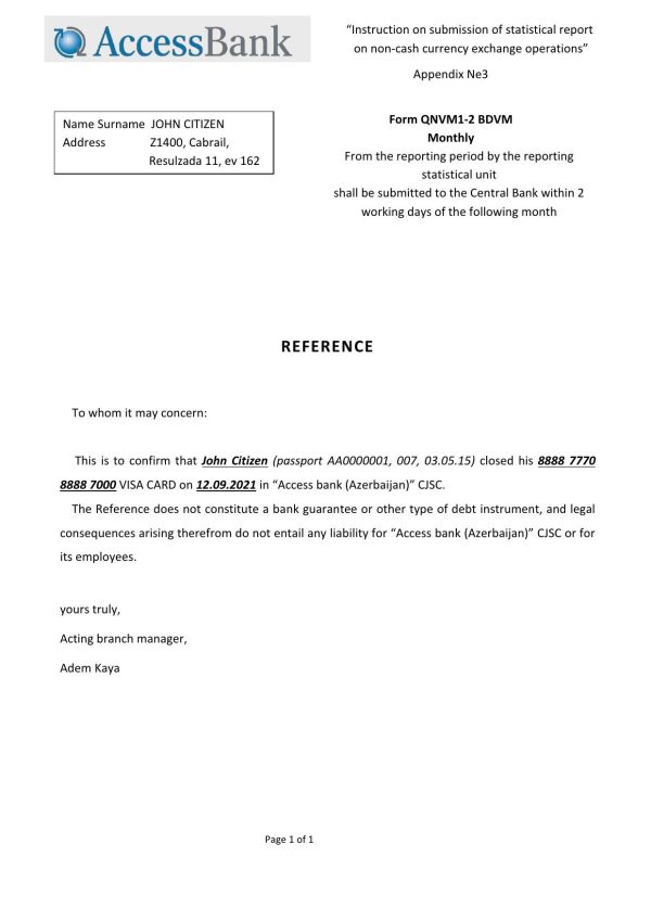 Azerbaijan Access bank account closure reference letter template in Word and PDF format
