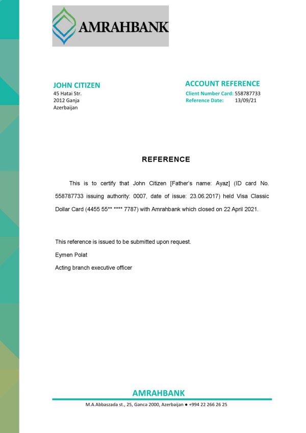 Azerbaijan Amrahbank bank account closure reference letter template in Word and PDF format