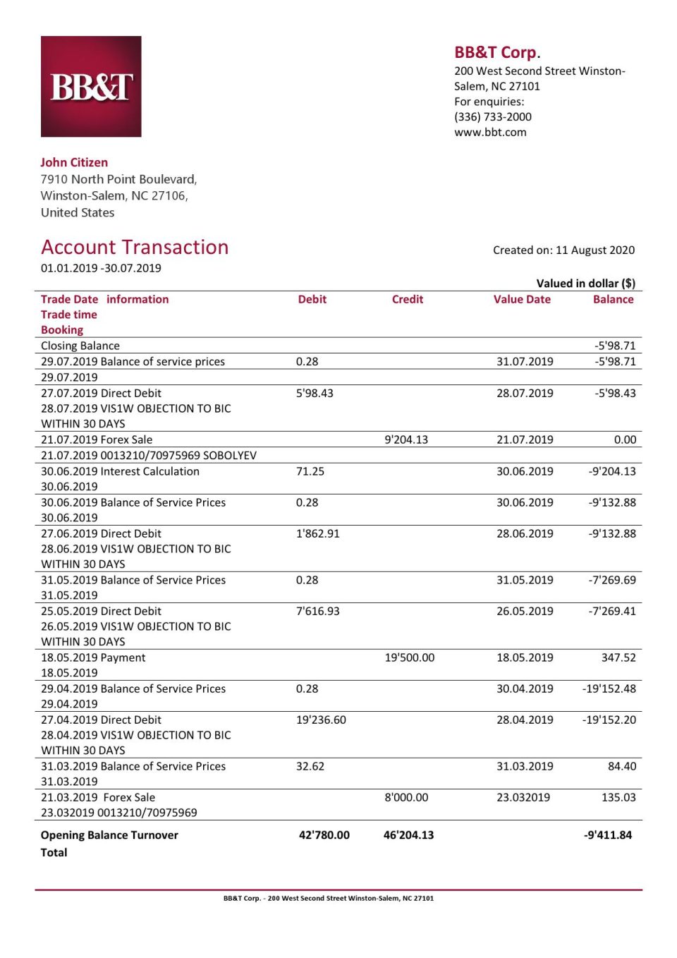 USA BB&T Corp. bank statement template in Word and PDF format