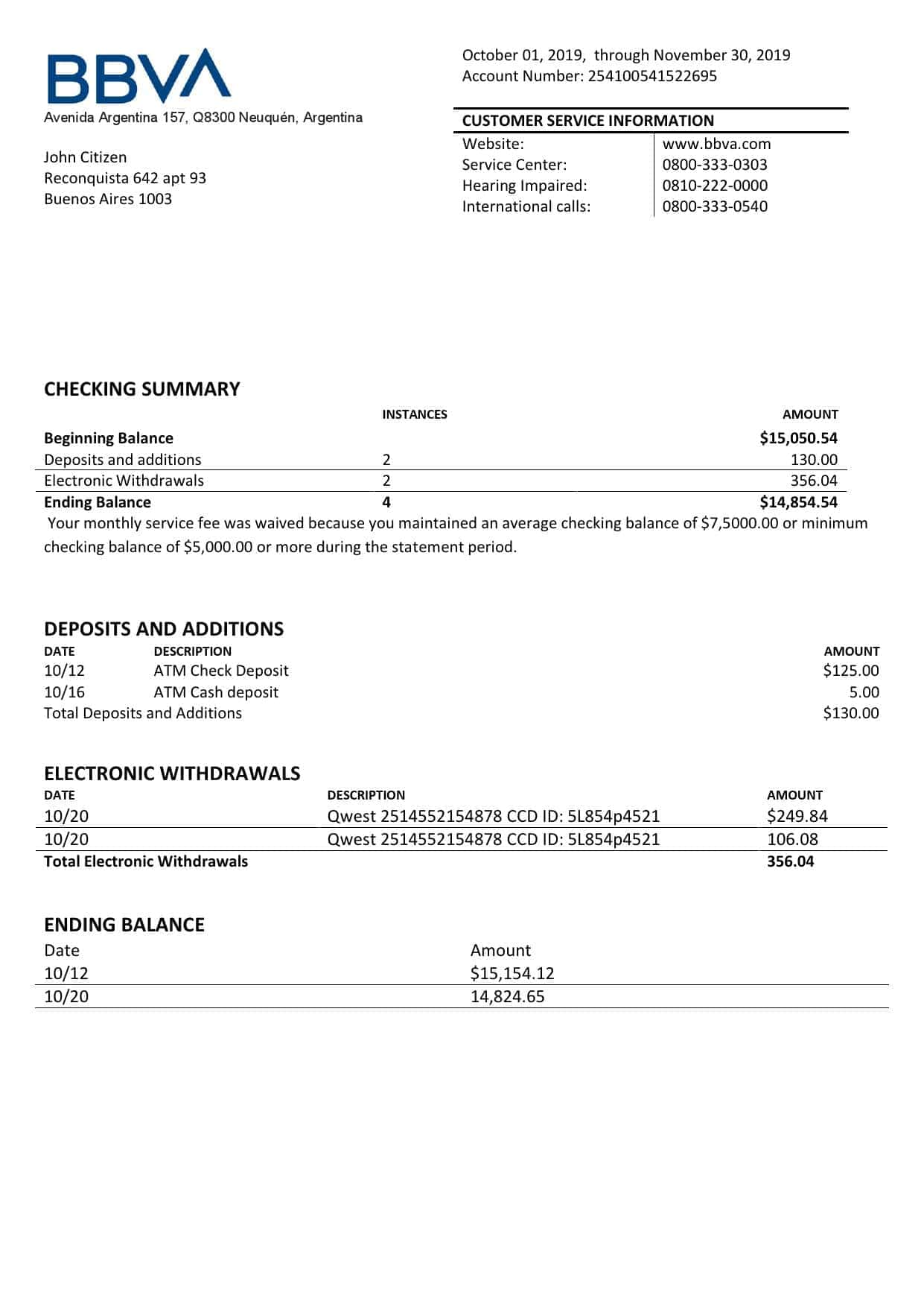 Argentina BBVA proof of address bank statement template in Word and PDF format (.doc and .pdf) Argentina BBVA proof of address bank statement template in Word and PDF format (.doc and .pdf)