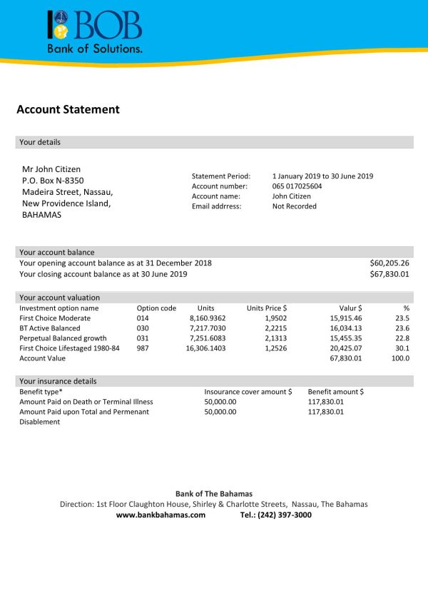 Bahamas Bank of The Bahamas proof of address bank statement template in Word and PDF format