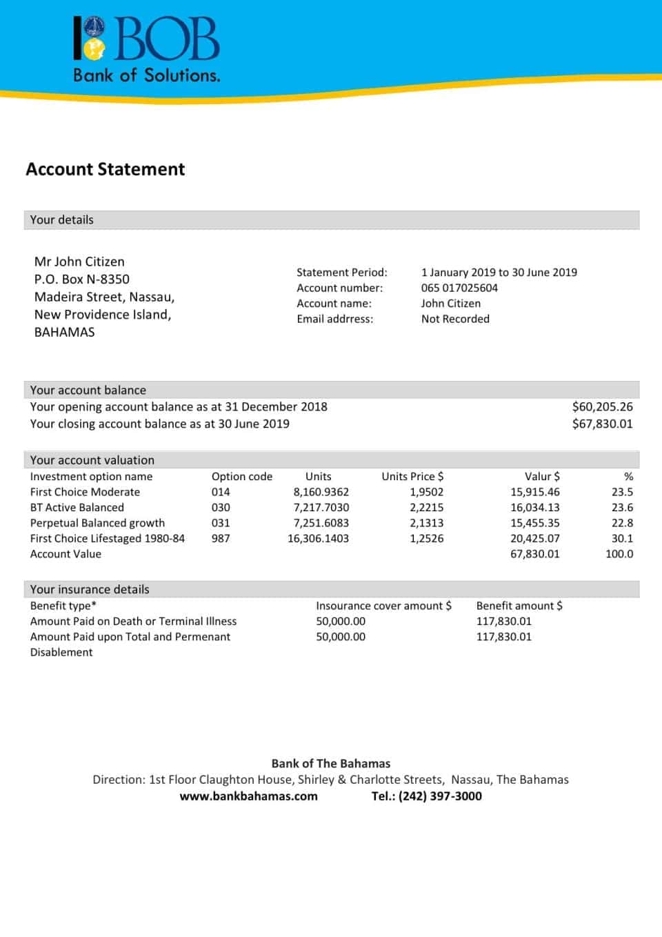 Bahamas Bank of The Bahamas proof of address bank statement template in Word and PDF format