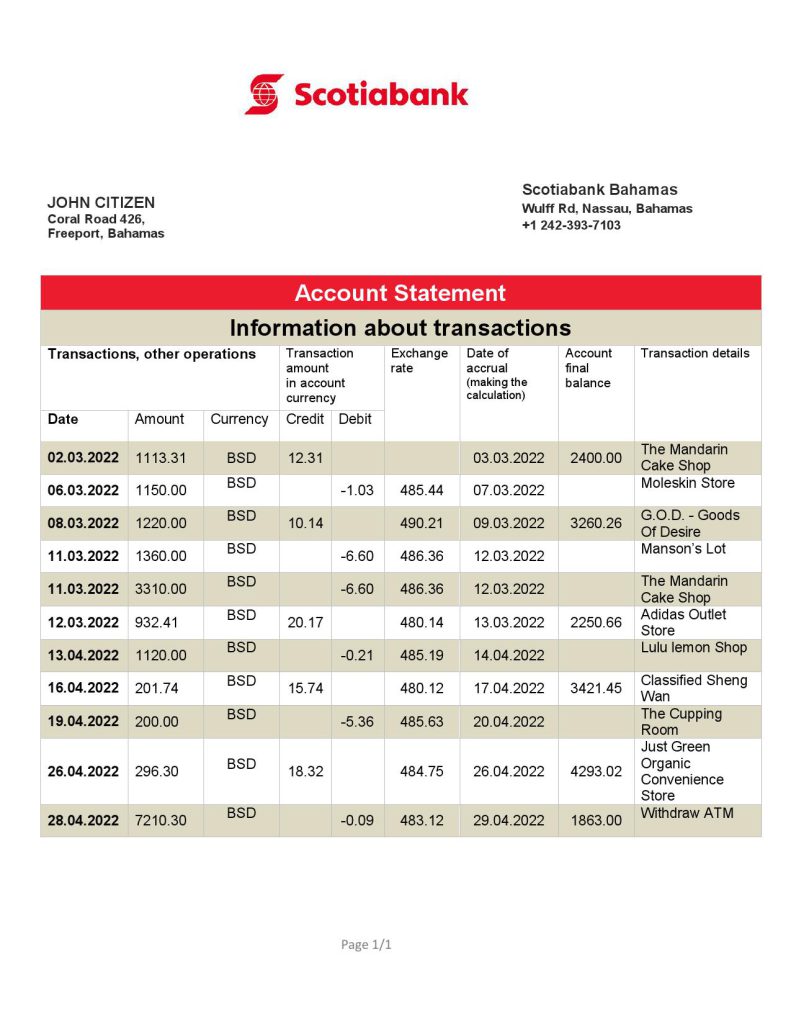 Bahamas Scotiabank bank statement template in Word and PDF format