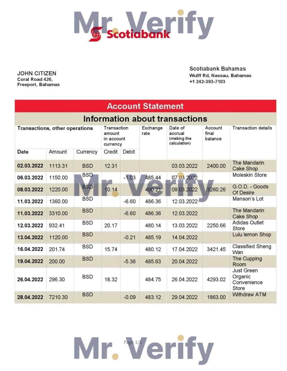 Bahamas Scotiabank bank statement template in Word and PDF format