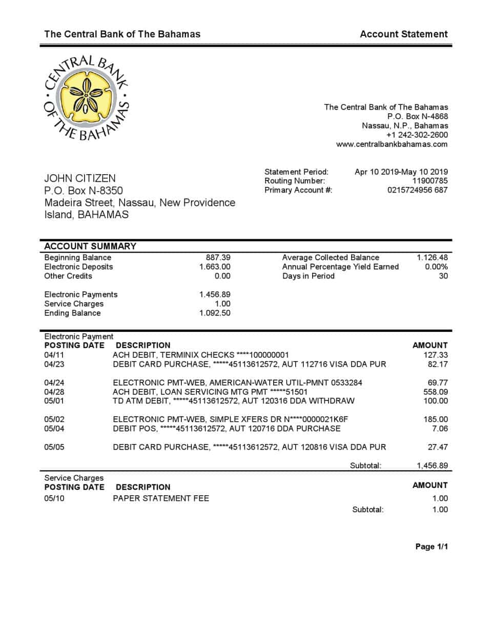Bahamas The Central bank of the Bahamas bank statement easy to fill template in .xls and .pdf file format