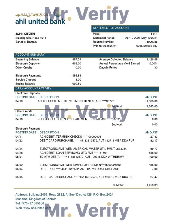 Bahrain Ahli United Bank statement template in Word and PDF format