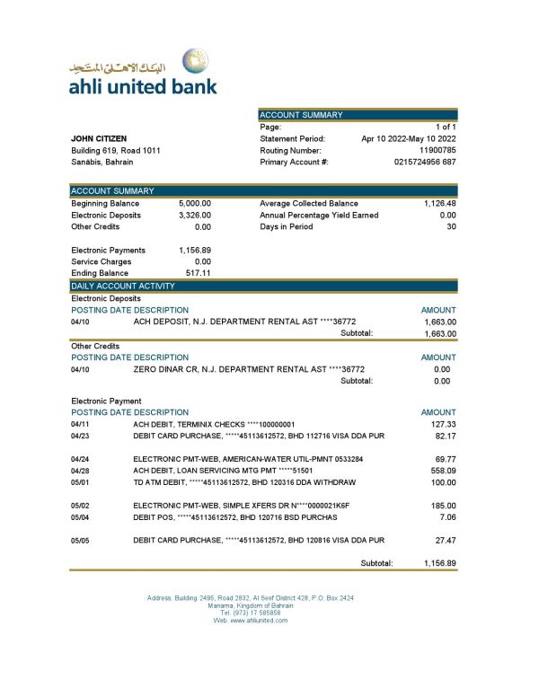 Bahrain Ahli United bank statement template in Excel and PDF format