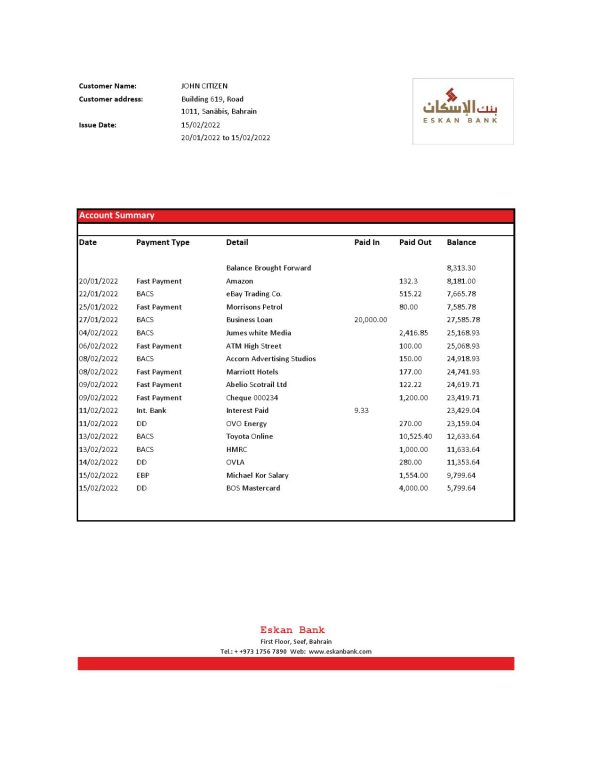 Bahrain Eskan bank statement template in Excel and PDF format