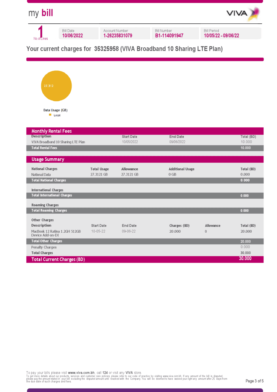 Bahrain Viva my utility bill Word and PDF template, 5 pages