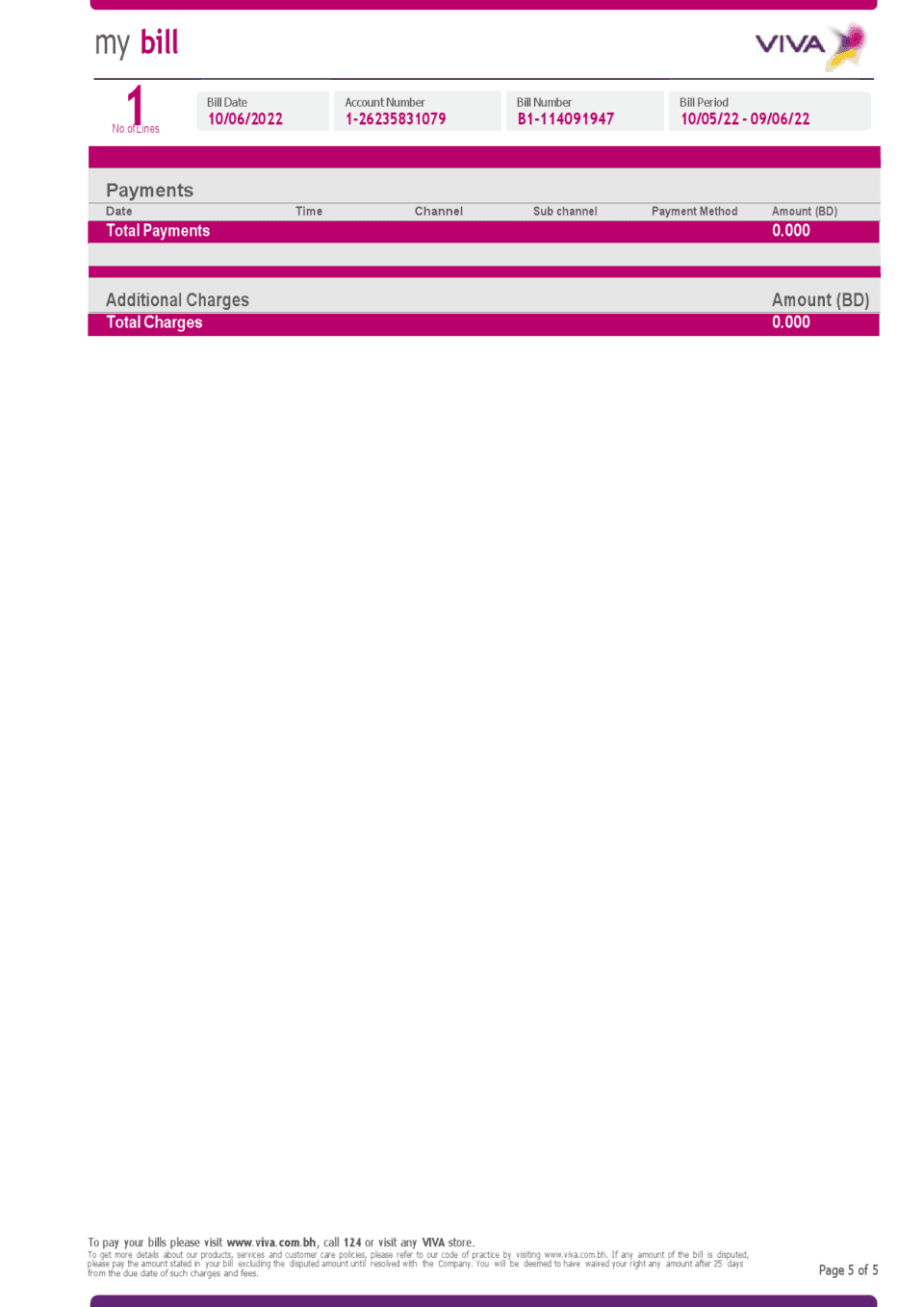 Bahrain Viva my utility bill Word and PDF template, 5 pages