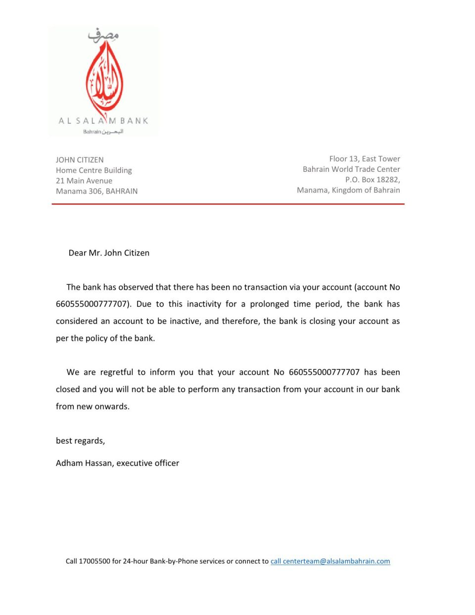 Bahrain Al Salam bank account closure reference letter template in Word and PDF format