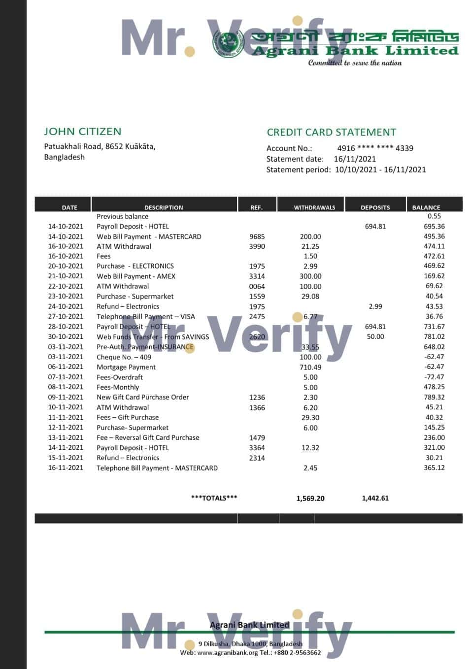 Bangladesh Agrani Bank statement template in Word and PDF format