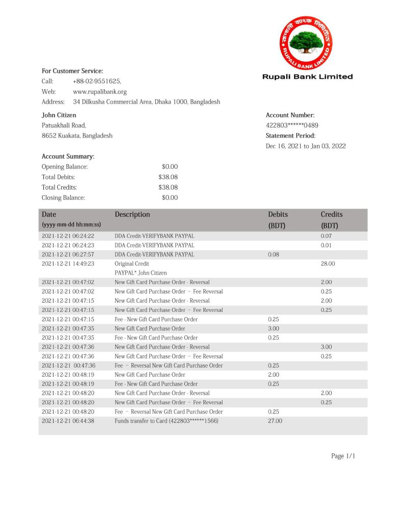 Bangladesh Rupali Bank statement template in Word and PDF format