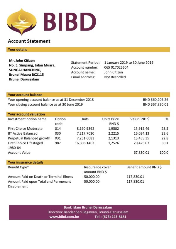 Brunei Bank Islam Brunei Darussalam bank statement easy to fill template in Excel and PDF format (AutoSum)