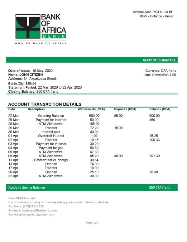 Benin Bank of Africa bank statement template in Word and PDF format