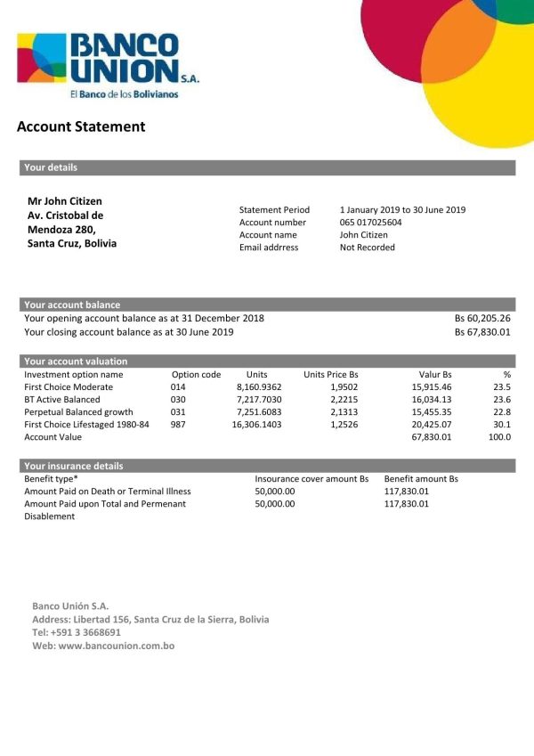Bolivia Banco Union bank statement easy to fill template in Excel and PDF format (AutoSum)