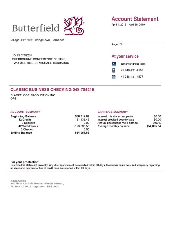 Barbados Butterfield proof of address bank statement template in Word and PDF format