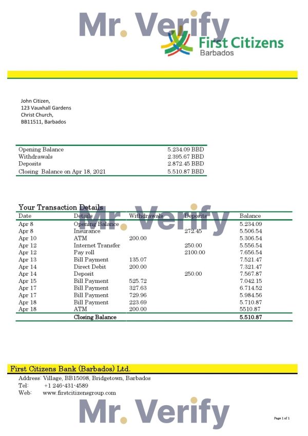 Barbados First Citizens bank statement template in .doc and .pdf format