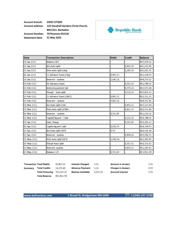 Barbados Republic Bank statement template in Excel and PDF format