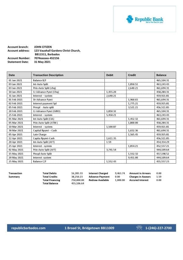 Barbados Republic Bank statement template in Word and PDF format