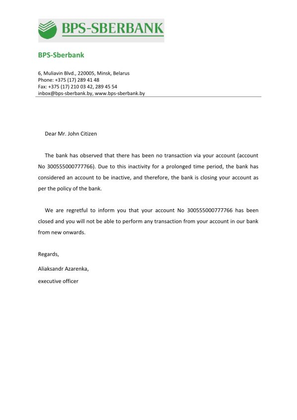 Belarus BPS-SBERBANK bank account closure reference letter template in Word and PDF format