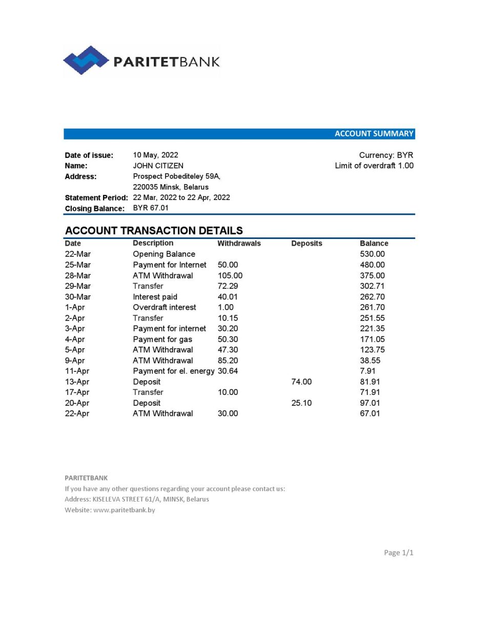 Belarus Paritet bank statement template in Excel and PDF format