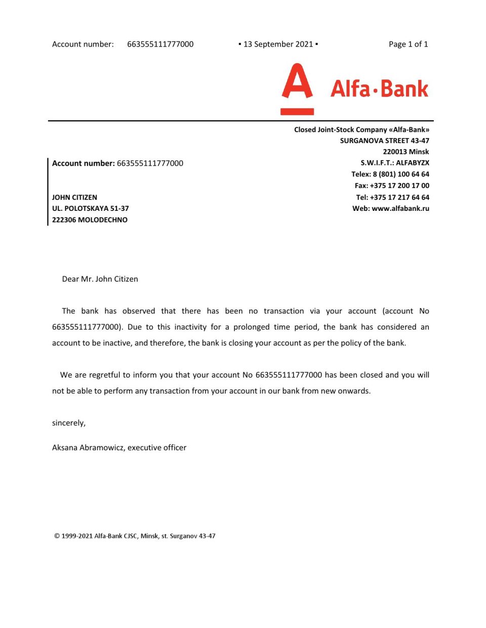 Belarus Alfa bank account closure reference letter template in Word and PDF format