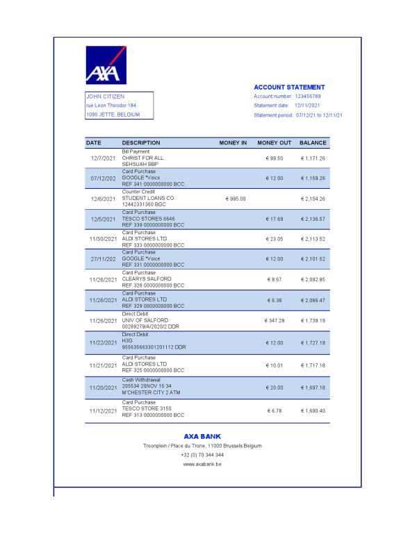 Belgium AXA bank statement easy to fill template in .xls and .pdf file format