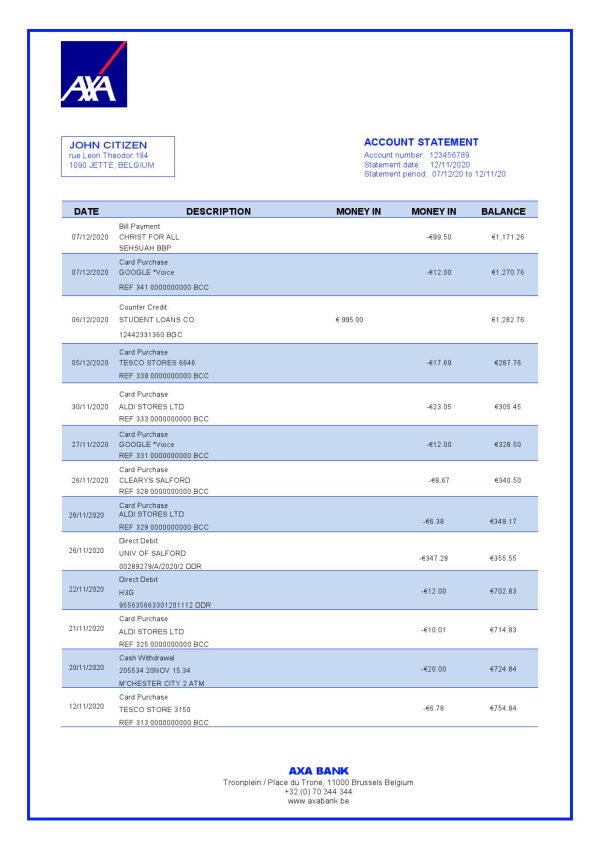 Belgium AXA Bank statement template in Word and PDF format