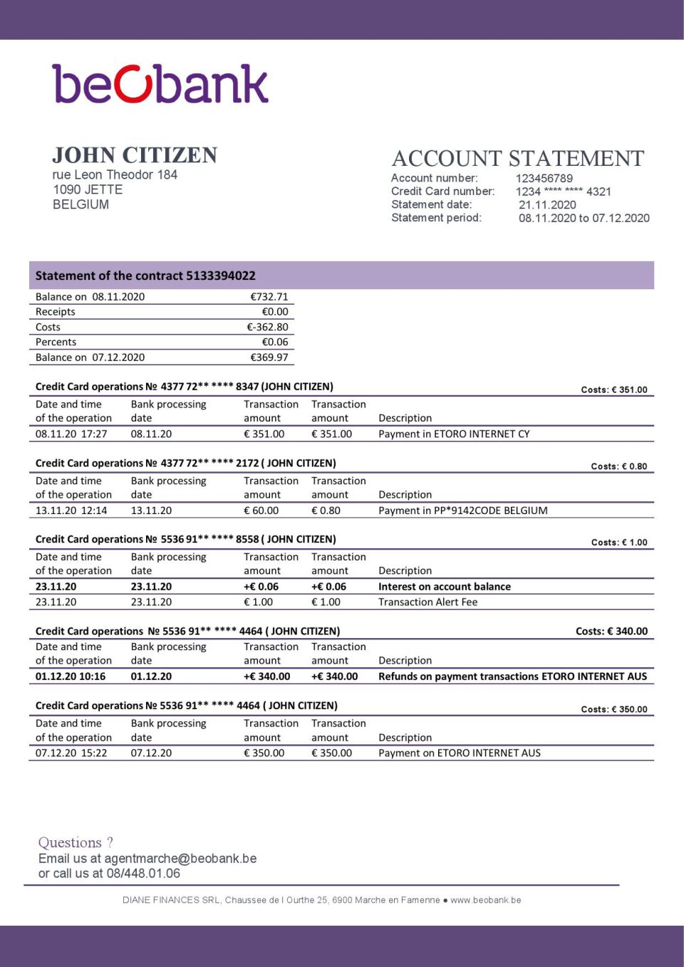 Belgium Beobank statement template in Word and PDF format