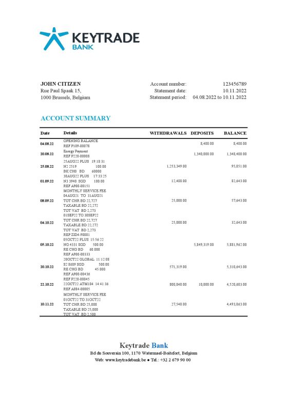 Belgium Keytrade bank statement template in Excel and PDF format