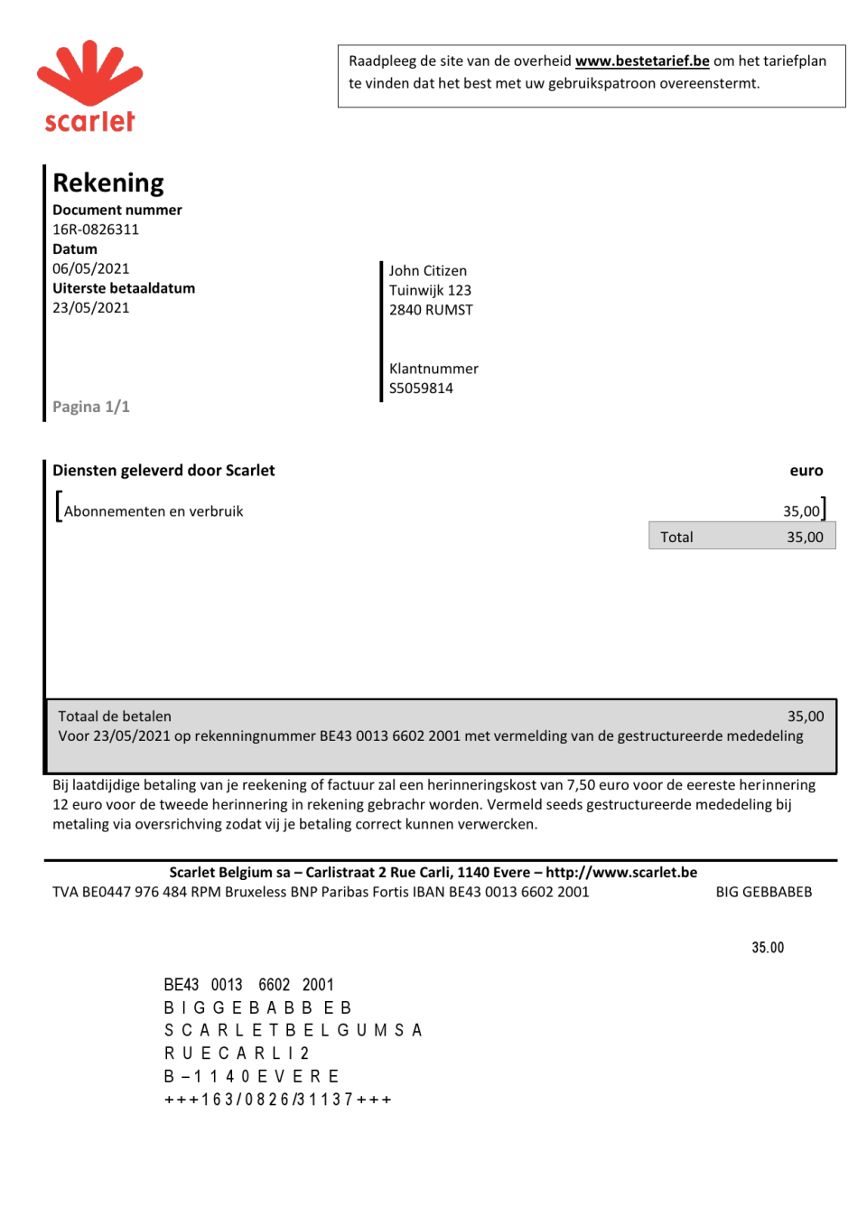 Belgium Scarlet utility bill template in Word and PDF format (.doc and .pdf)