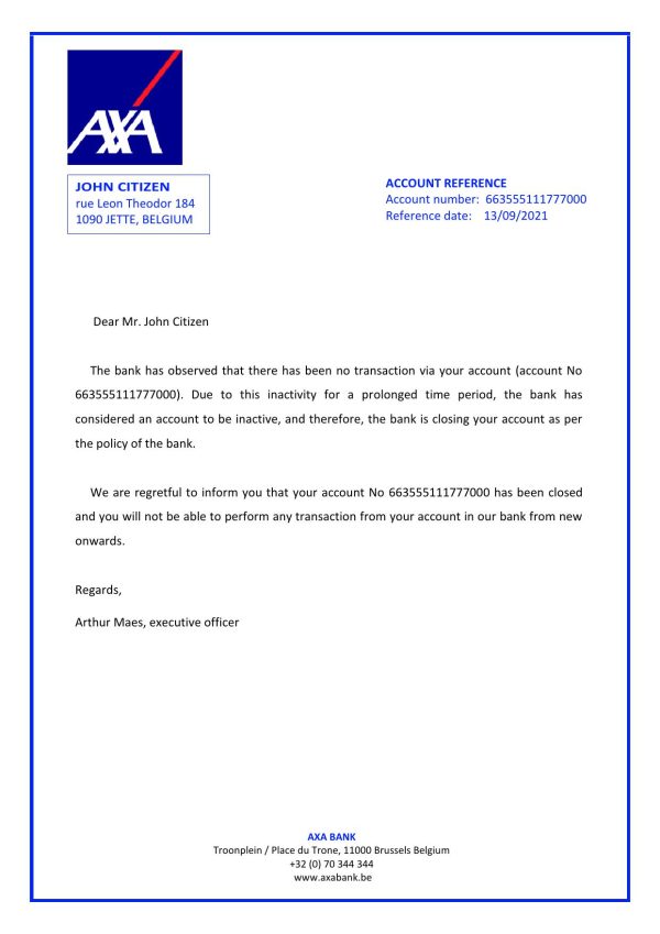 Belgium AXA bank account closure reference letter template in Word and PDF format
