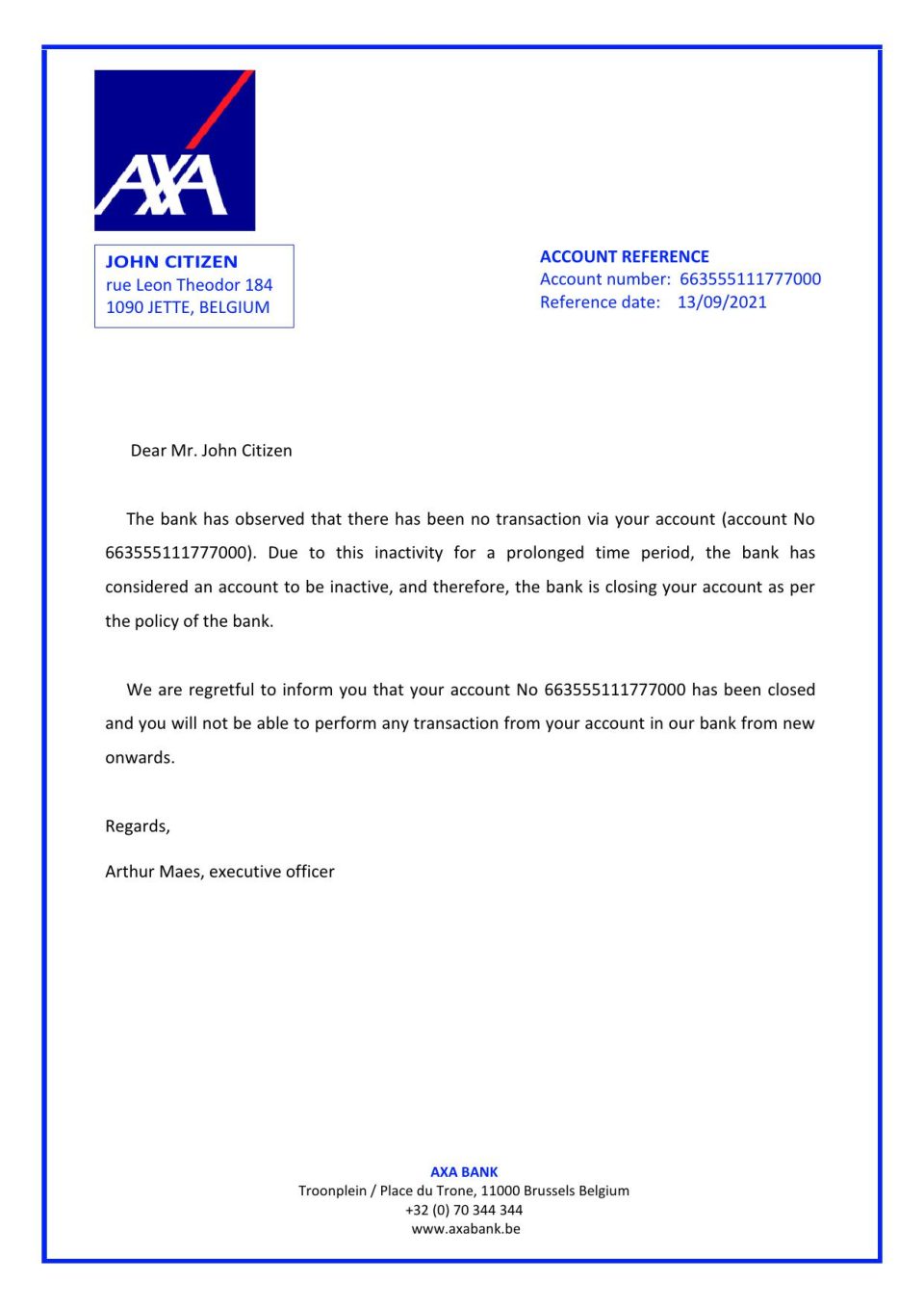 Download Belgium AXA Bank Reference Letter Templates | Editable Word