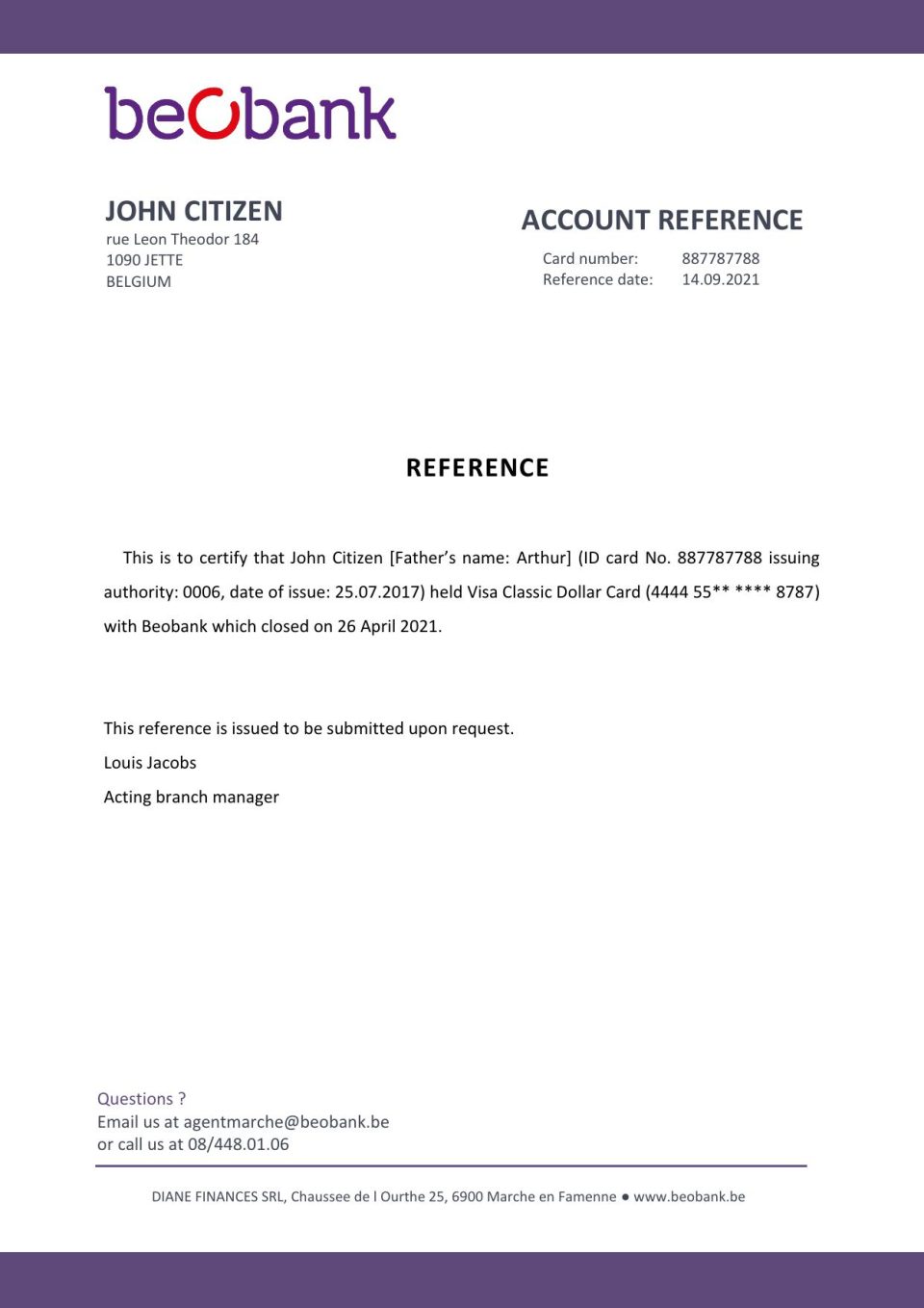 Download Belgium Beobank Bank Reference Letter Templates | Editable Word