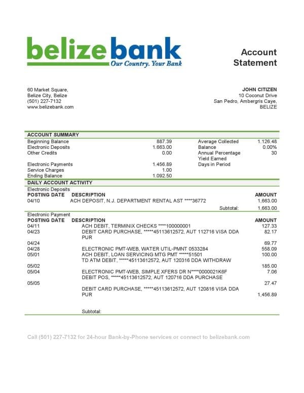 Belize Belizebank proof of address bank statement template in Word and PDF format