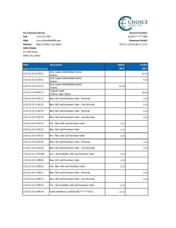 Belize Choice Bank statement template in Excel and PDF format