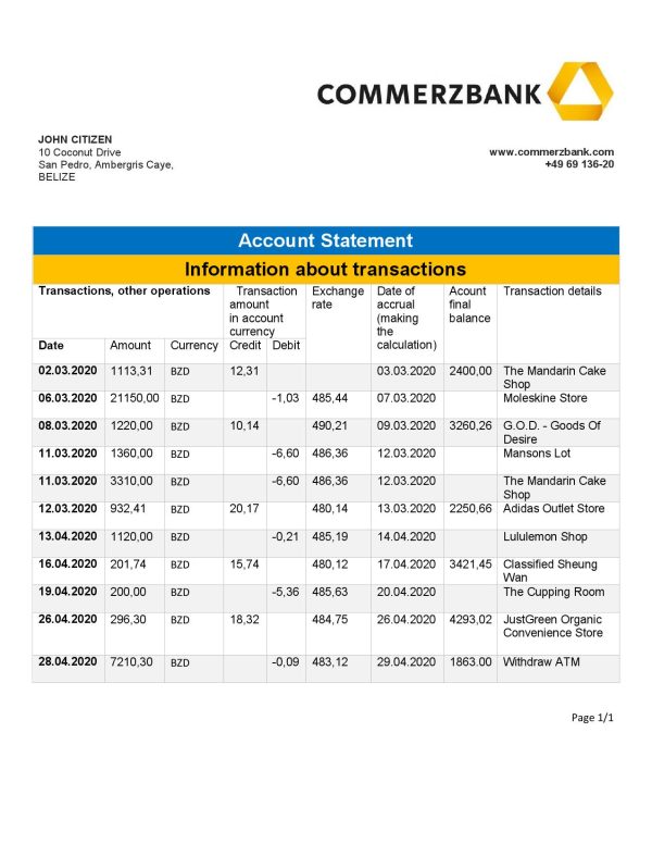 Belize Commerzbank bank statement template in Word and PDF format, good for address prove