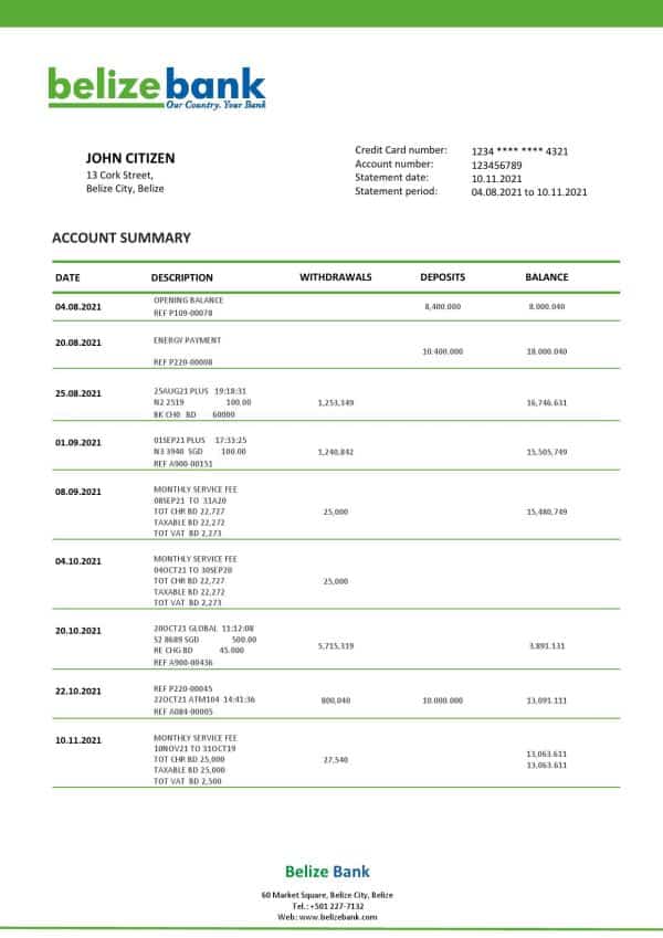 Belize bank statement template in Word and PDF format, fully editable