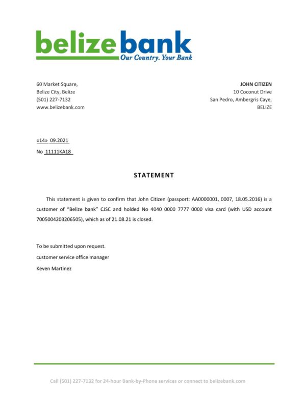 Belize Belizebank bank account closure reference letter template in Word and PDF format