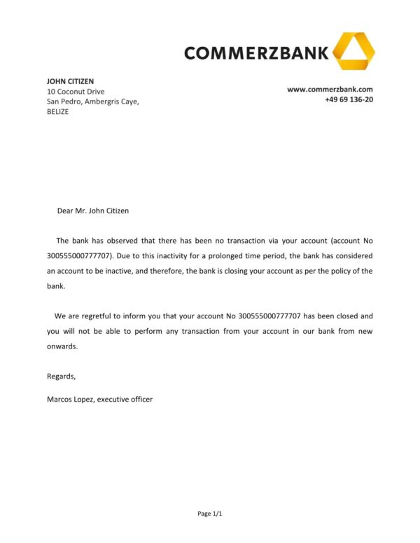 Belize Commerzbank bank account closure reference letter template in Word and PDF format