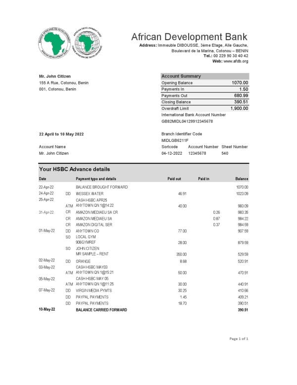 Benin African Development Bank statement template in Excel and PDF format