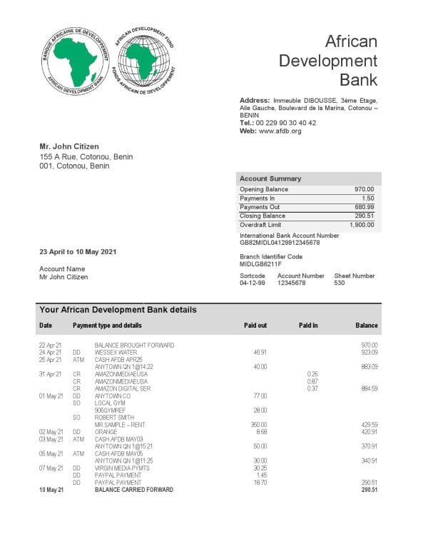 Benin African Development bank statement template in Word and PDF format