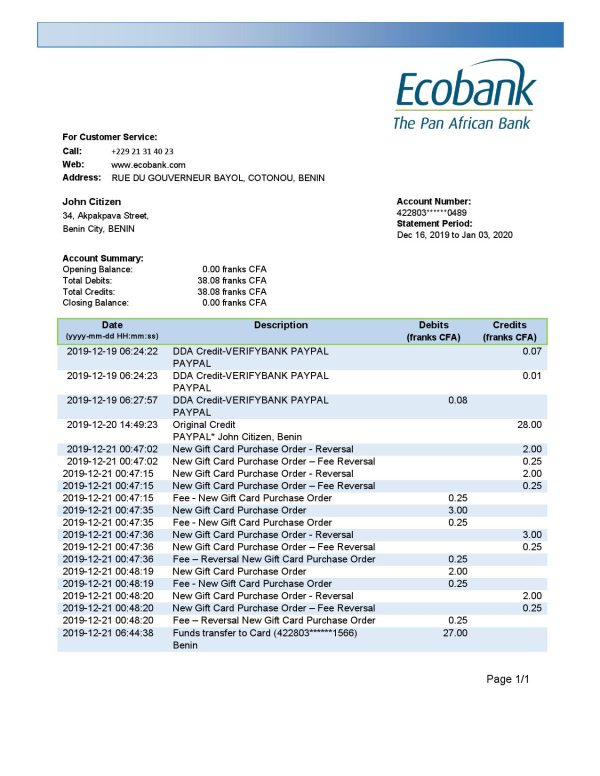 Benin Ecobank proof of address bank statement template in Word and PDF format