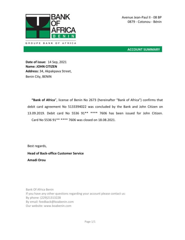 Benin Bank of Africa bank account closure reference letter template in Word and PDF format