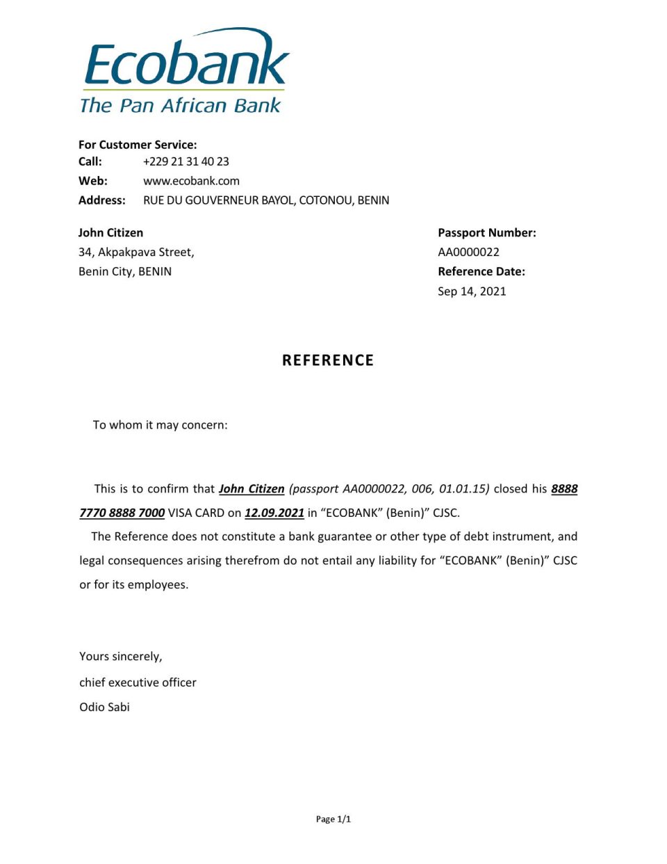 Download Benin Ecobank Bank Reference Letter Templates | Editable Word