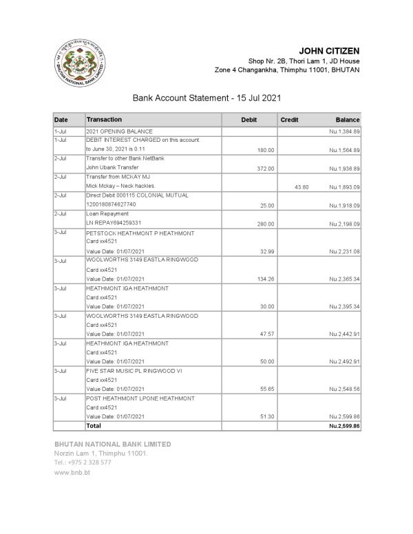 Bhutan National Bank statement easy to fill template in Excel and PDF format